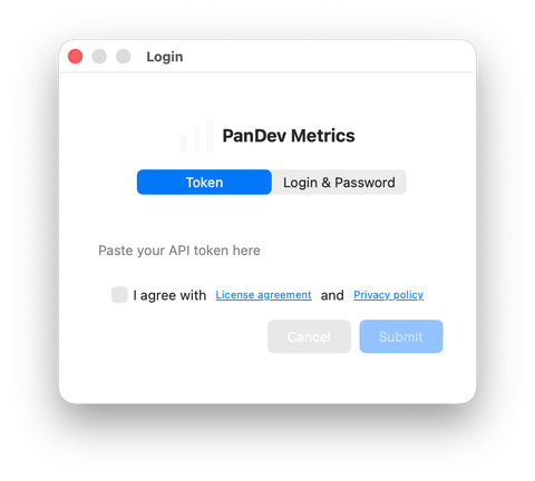 PanDev Metrics login window — paste your API token
