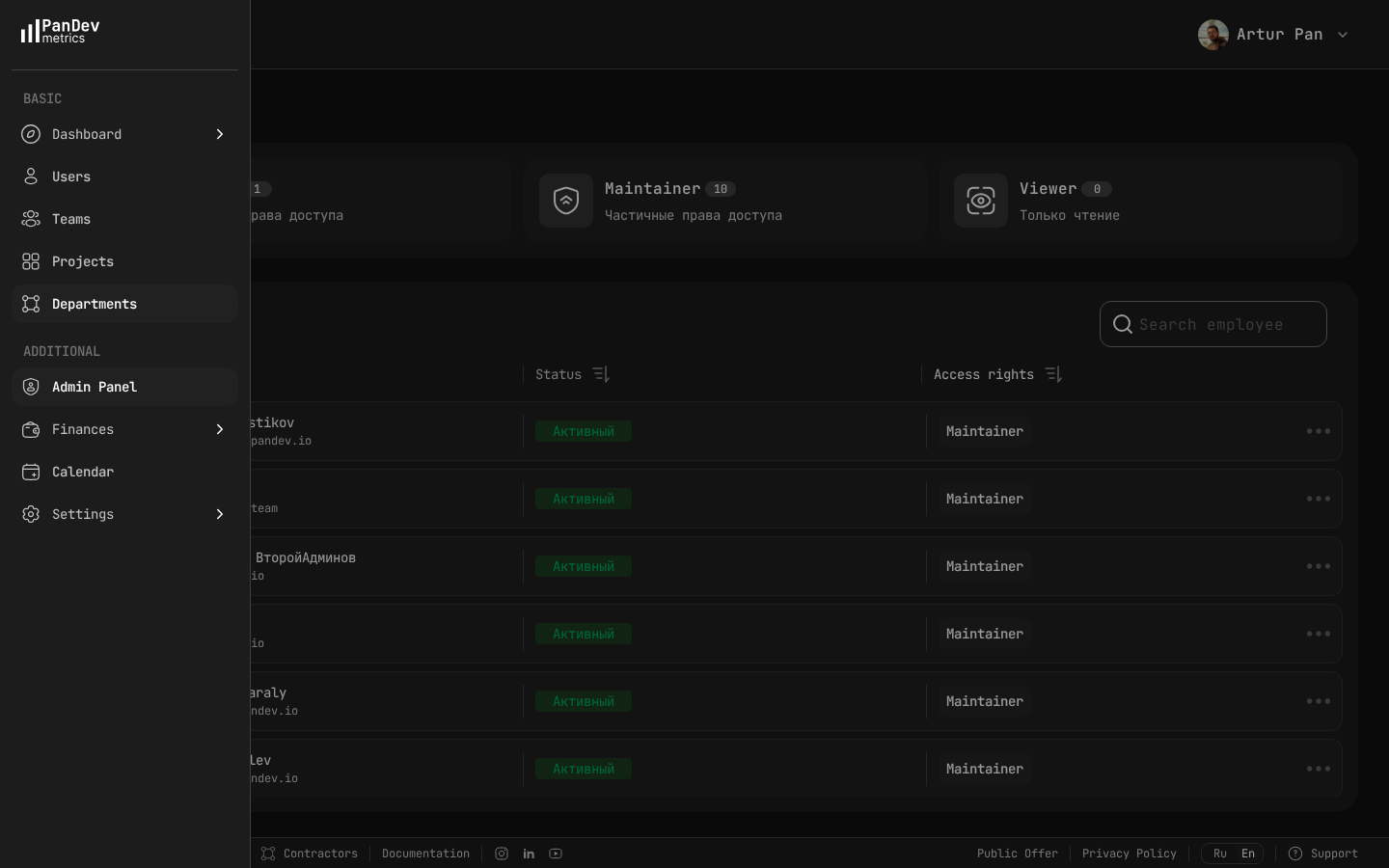 Admin panel showing user management with roles and access rights