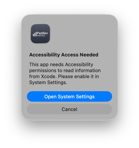 Диалог Accessibility Access Needed с кнопкой Open System Settings